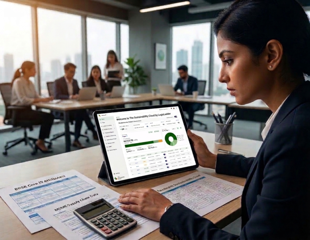 A compliance officer uses a calculator and paperwork to prepare a SEBI BRSR report, resolving data accuracy issues with ESG software India.