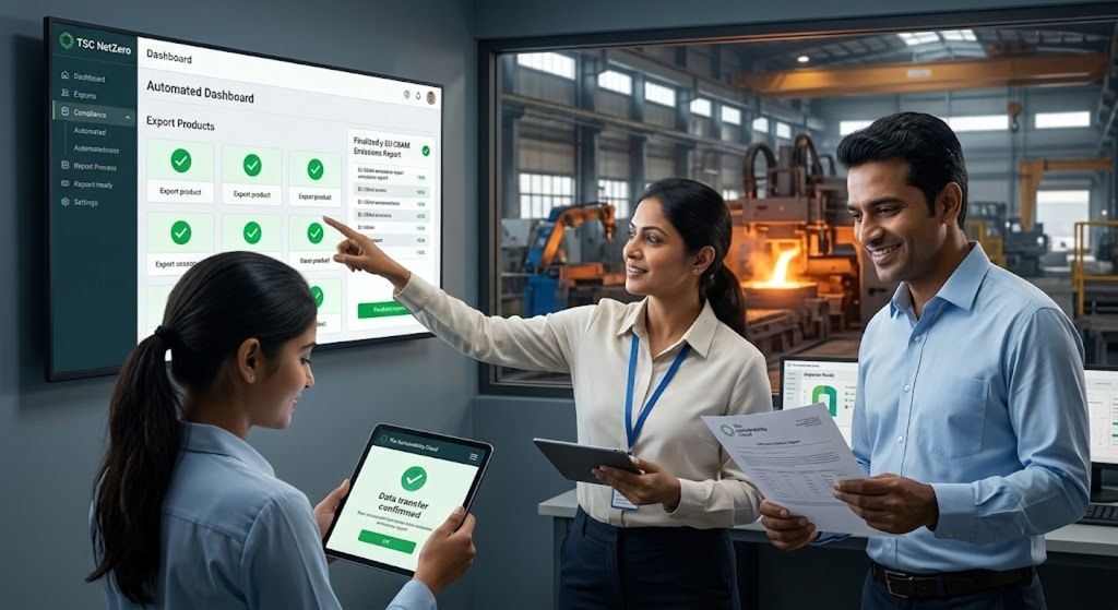 Compliance team using TSC NetZero to monitor asset-level Scope 2 emissions and verify an audit-ready CBAM reporting steel document in a smart factory.
