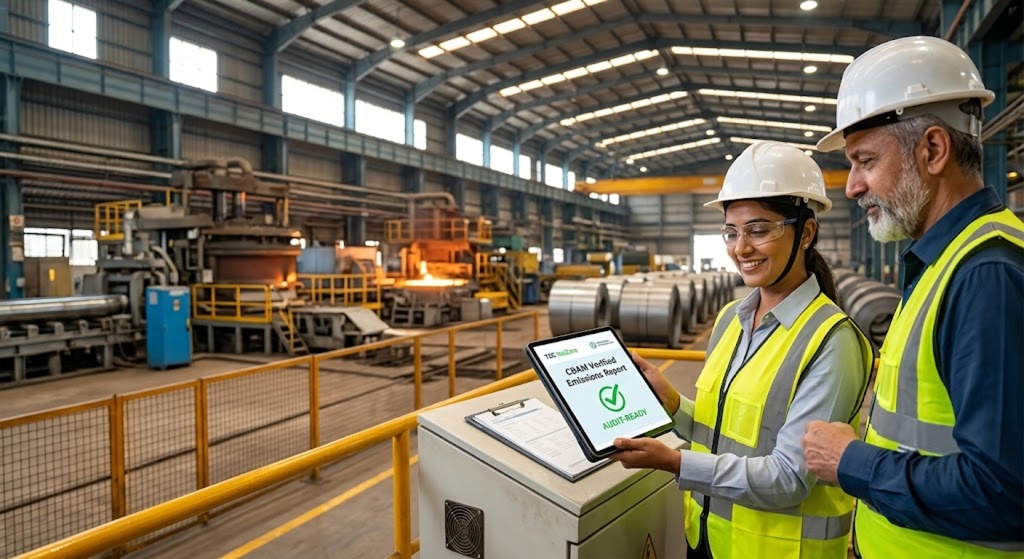 Compliance team using a CBAM reporting tool for steel inside an Indian manufacturing plant to verify emissions reports.