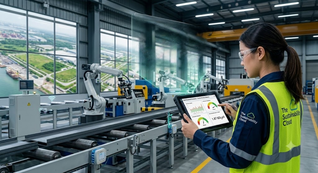 A Vietnamese female engineer in a smart factory analyzing real-time Scope 2 carbon emissions on a tablet powered by The Sustainability Cloud.