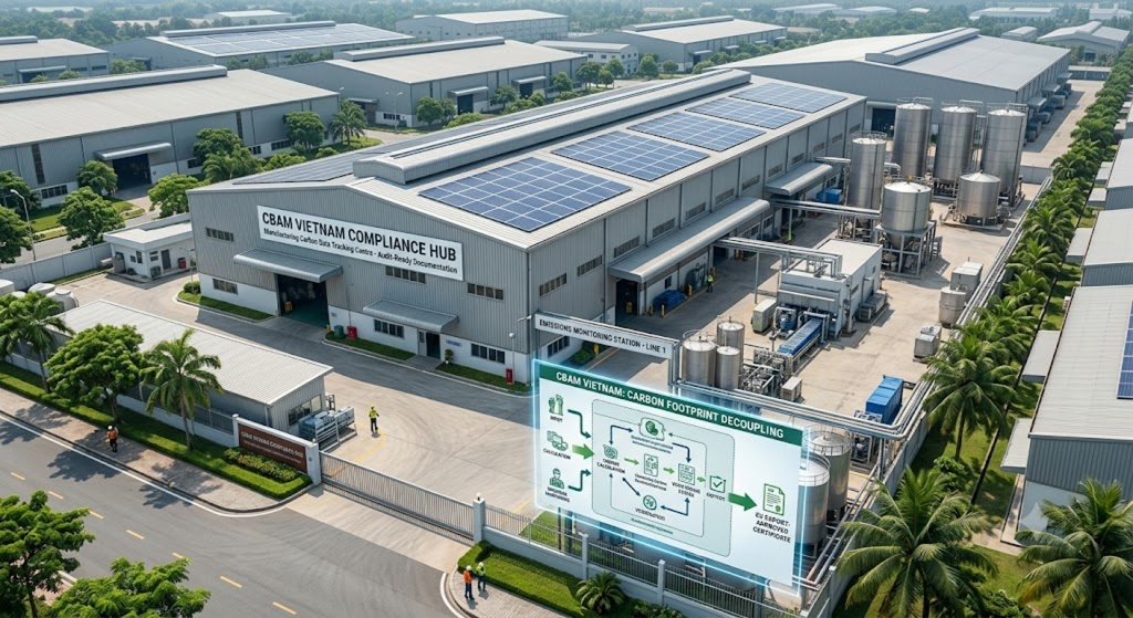 CBAM Vietnam Compliance Manufacturing Hub and Carbon Footprint Decoupling Diagram