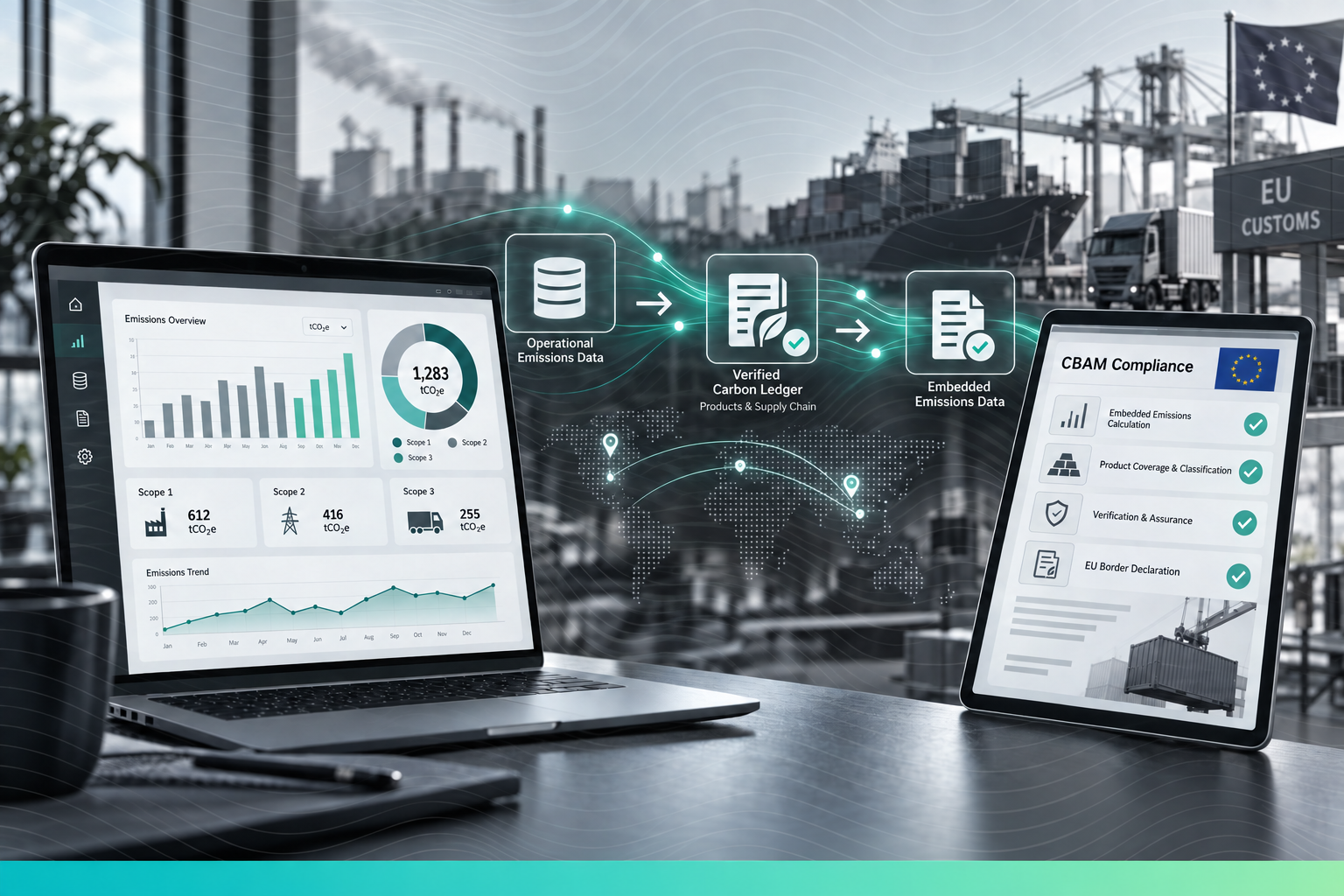 Carbon accounting dashboard connected to a verified carbon ledger and CBAM compliance report, showing emissions data moving from industrial operations to EU border reporting.